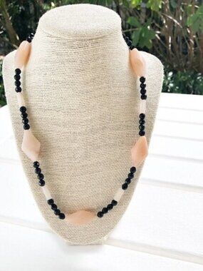 NWT Genuine Sunstone & Black Crystal Beads Beaded Necklace Pink